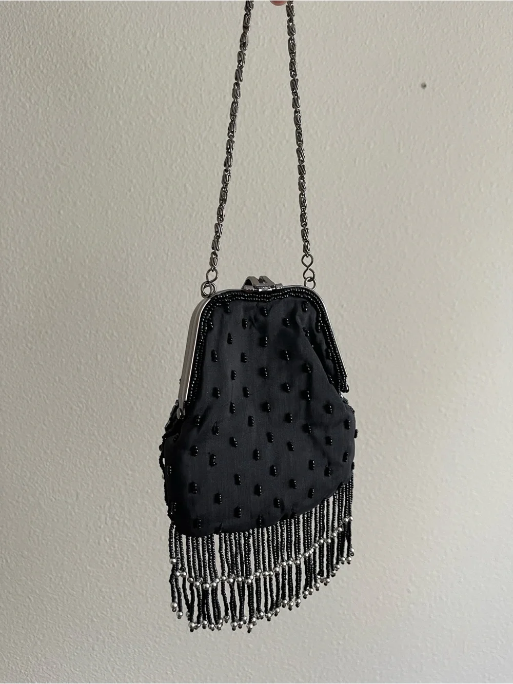 Jessica McClintock Black Beaded Fringe Evening Wristlet